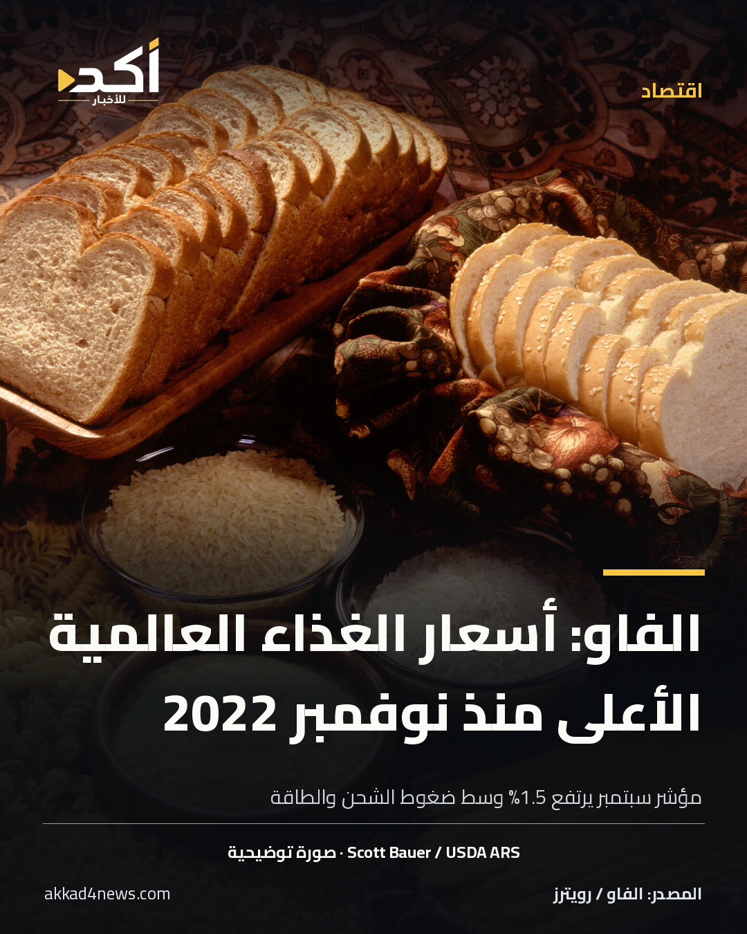 بطاقة أكد: الفاو: أسعار الغذاء العالمية عند أعلى مستوى منذ نوفمبر 2022. صورة توضيحية لخبز وأرز ومعكرونة ودقيق ذرة من أرشيف USDA ARS، وليست لسوق حالية في العراق