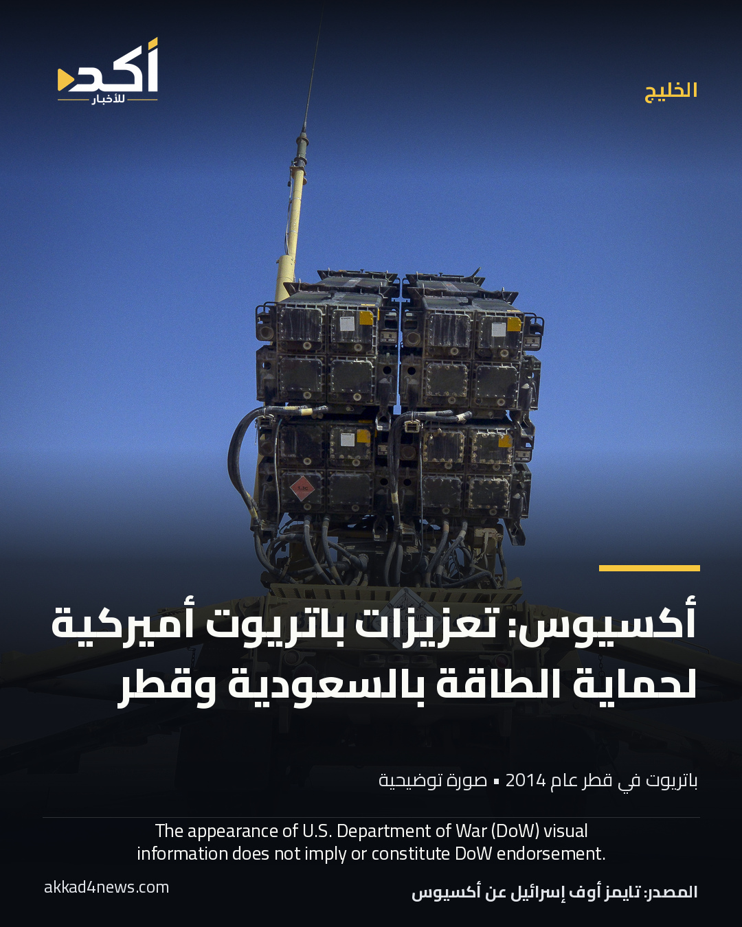 بطاقة أكد: تقرير: تعزيزات باتريوت أميركية لحماية الطاقة بالسعودية وقطر. منظومة باتريوت أميركية في قاعدة العديد بقطر عام 2014