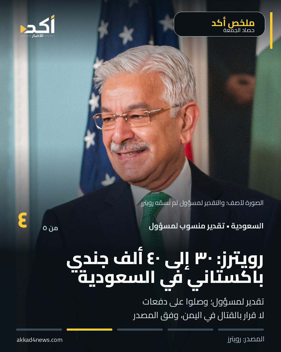 بطاقة ٤ من ملخص أخبار ٢ أكتوبر: رويترز تنقل تقدير مسؤول لم تسمه بوجود ٣٠ إلى ٤٠ ألف جندي باكستاني بالسعودية. صورة سياقية لوزير الدفاع خواجة آصف من عام ٢٠١٧؛ التقدير ليس تصريحاً منسوباً إليه والصورة لا توثق انتشار القوات.